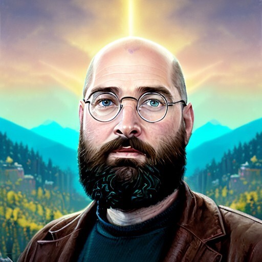 Profile picture for Ben Jacobson. Ben wears glasses and has a very dark brown mustache and beard. He looks seriously at the camera. The background behind him appears AI generated and shows a mountain range with bright light coming from behind Ben's head.