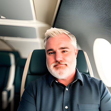 Profile Picture for Tyler Browne. Tyler looks like he is sitting in an airplane seat, with the window to his left/viewer right. He has light hair and a beard. He smiles with closed lips at the camera and wears a dark blue collared shirt with white buttons.