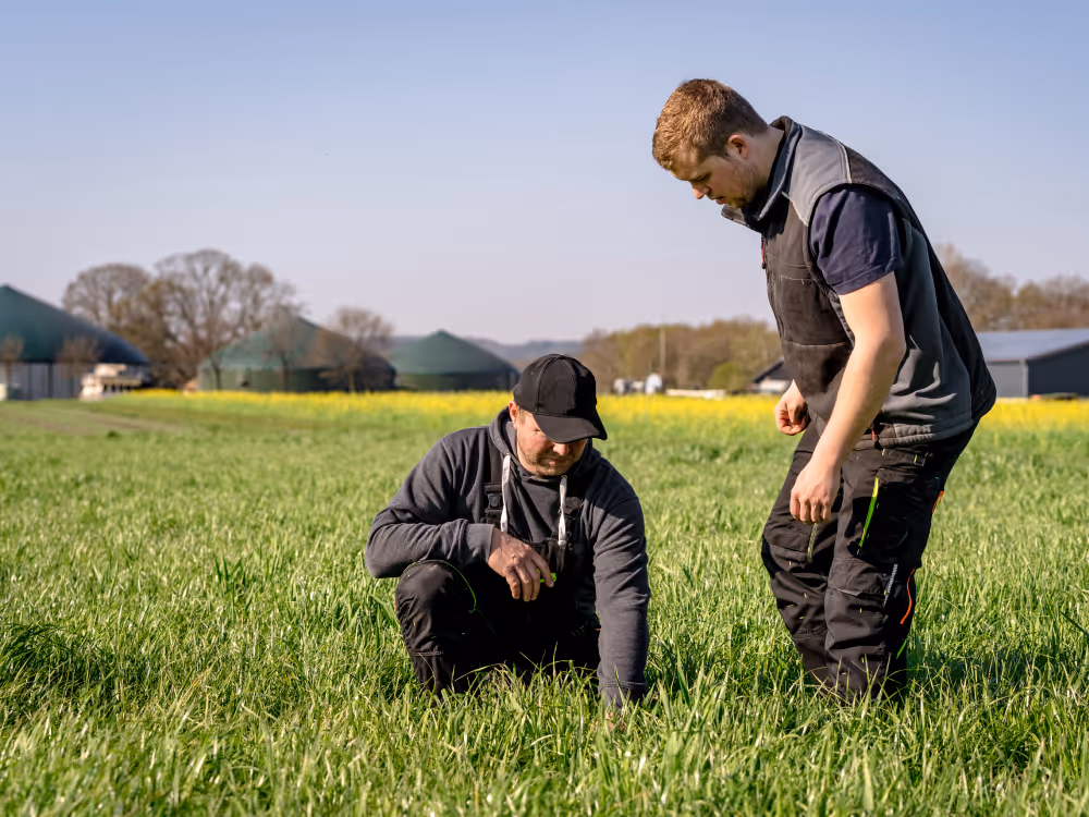 Zwei junge Menschen, Betriebsleiter denken über eine Finanzierung in der Landwirtschaft nach.