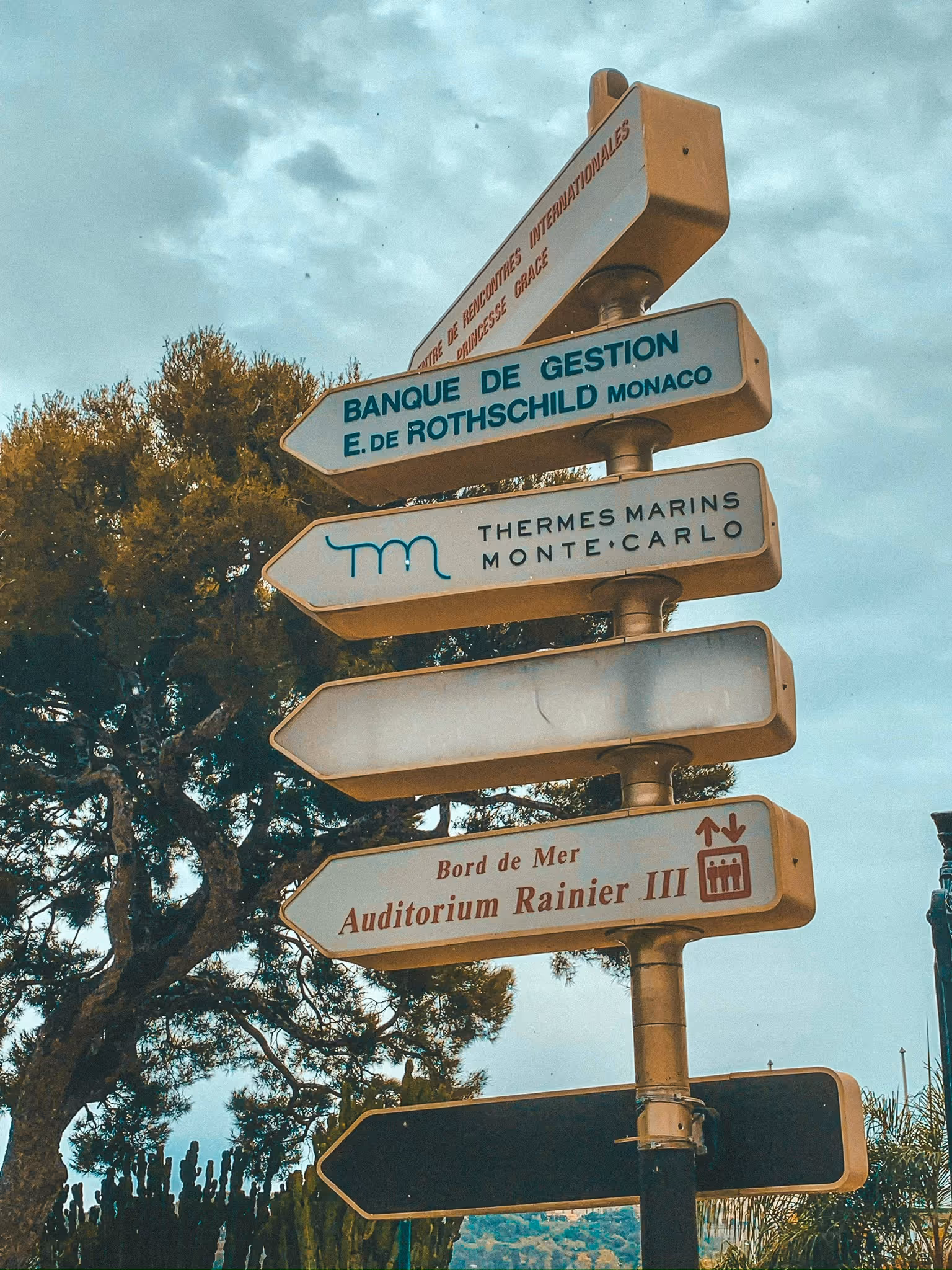 Monaco guide post with arrows pointing to different places to visit.