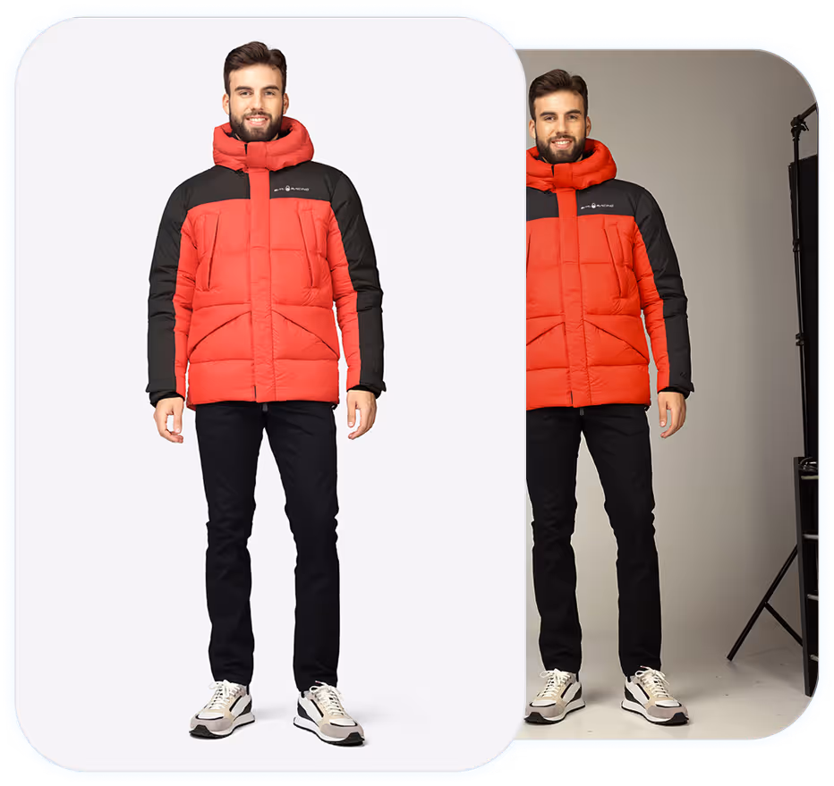 Smiling man wearing a red and black puffer jacket, black pants, and white sneakers standing against a plain background.