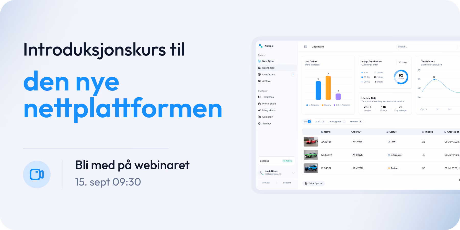 Webinar announcement in Norwegian for an introduction course to a new web platform, showing a partial screenshot of a dashboard with orders, image distribution, and status details, and text inviting to join the webinar on September 15 at 09:30.