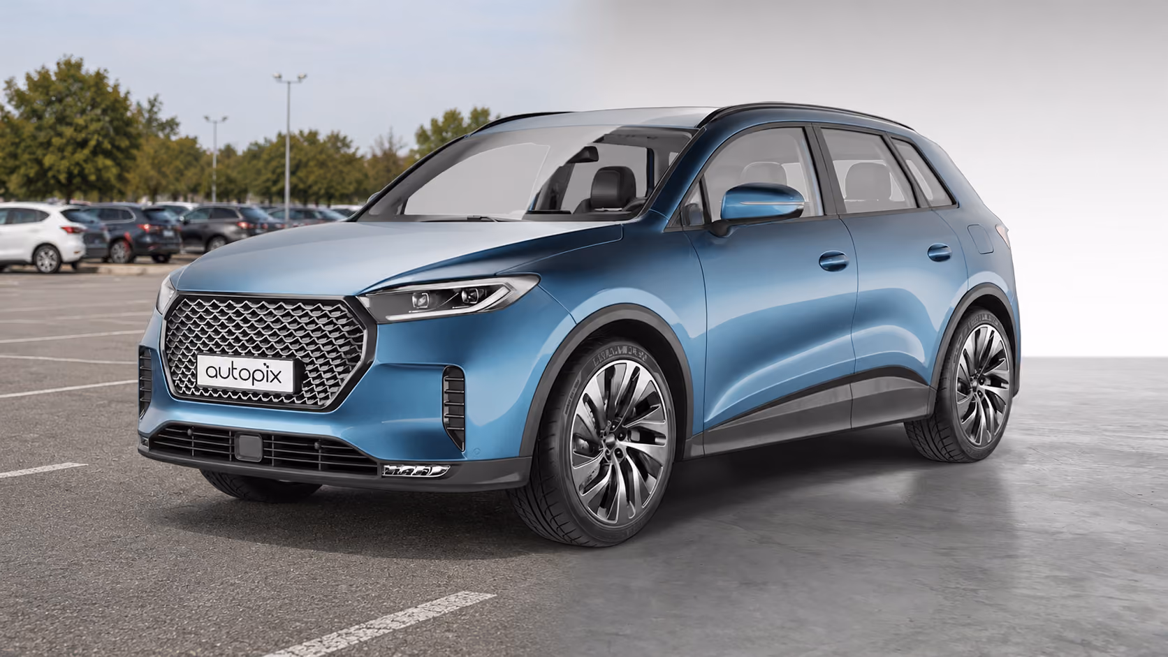 Split-image comparison of a blue compact SUV
