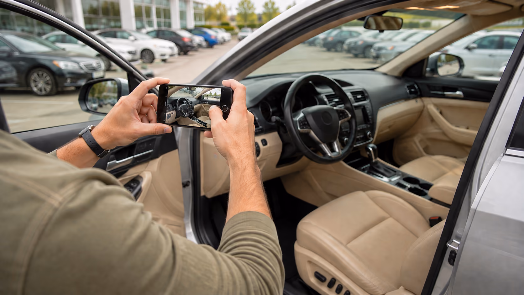 Person photographing a beige car interior with a smartphone.