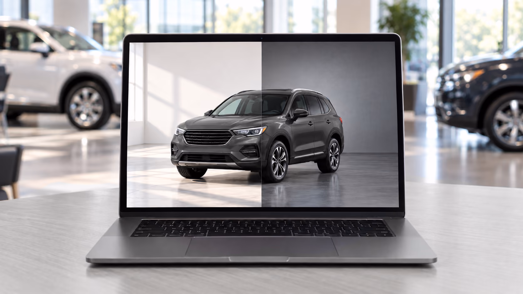Laptop in a car dealership showroom displaying a black SUV with contrasting bright and concrete-style studio backgrounds split vertically on the screen.