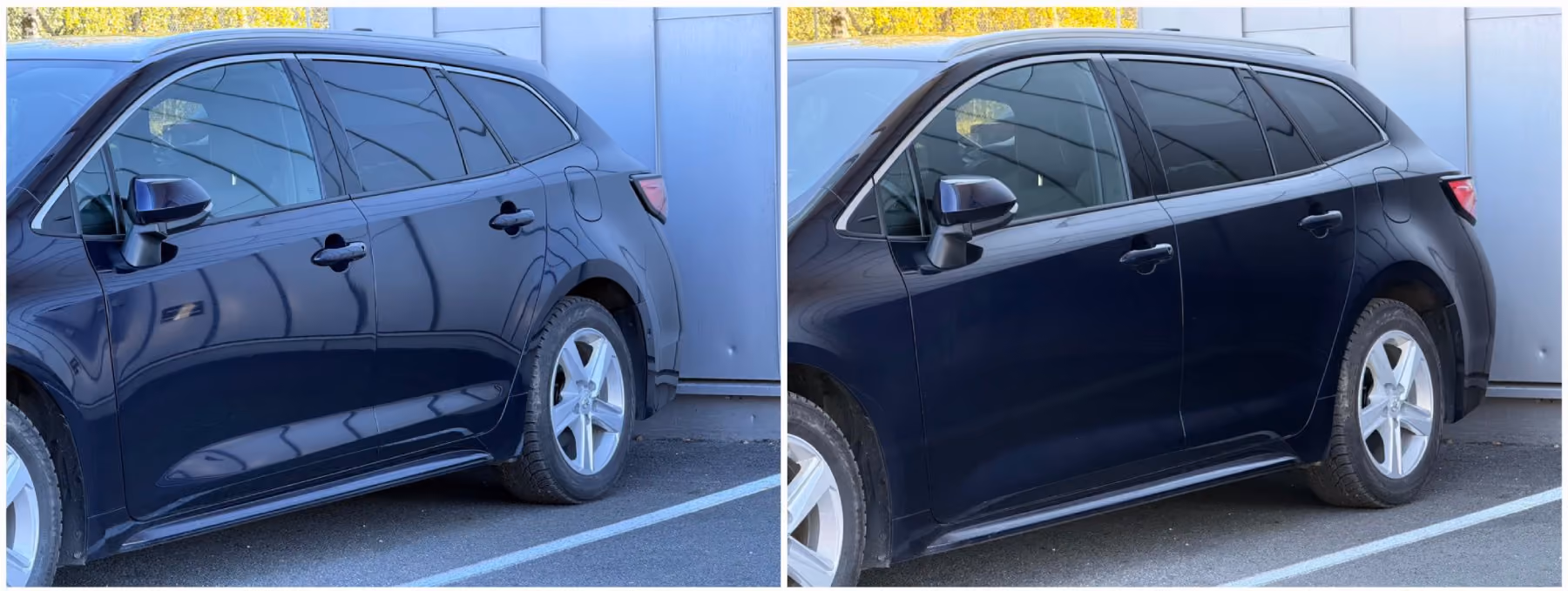 Black sedan side-by-side showcasing effect of polarisation lens when capturing