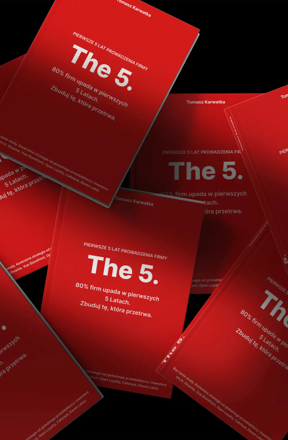 a pile of books in red covers with the title "The 5."