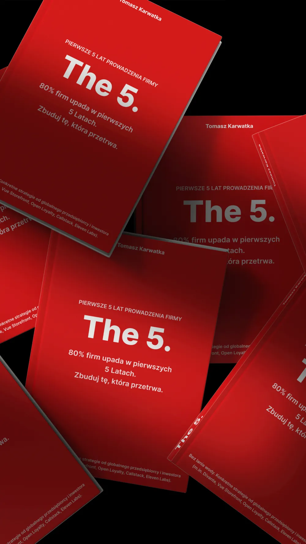 a pile of books in red covers with the title "The 5."