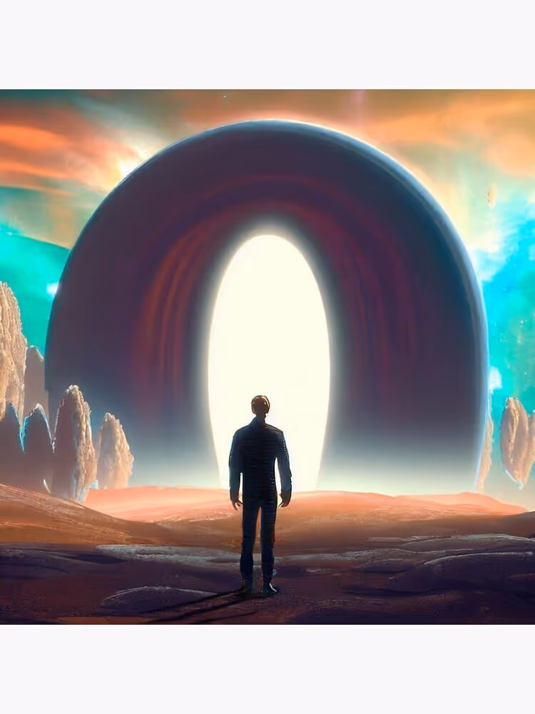 Surreal landscape of a man standing in front of a portal to another dimension 4 | Sticker