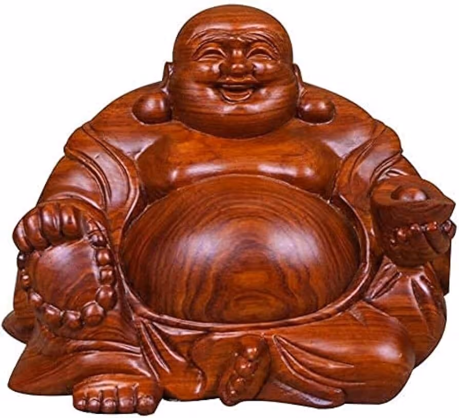 Happy Laughing Buddha Wood Carved Statue Fat Smiling Positive Energy Figurine for Luck and Prosperity (S 3.9")