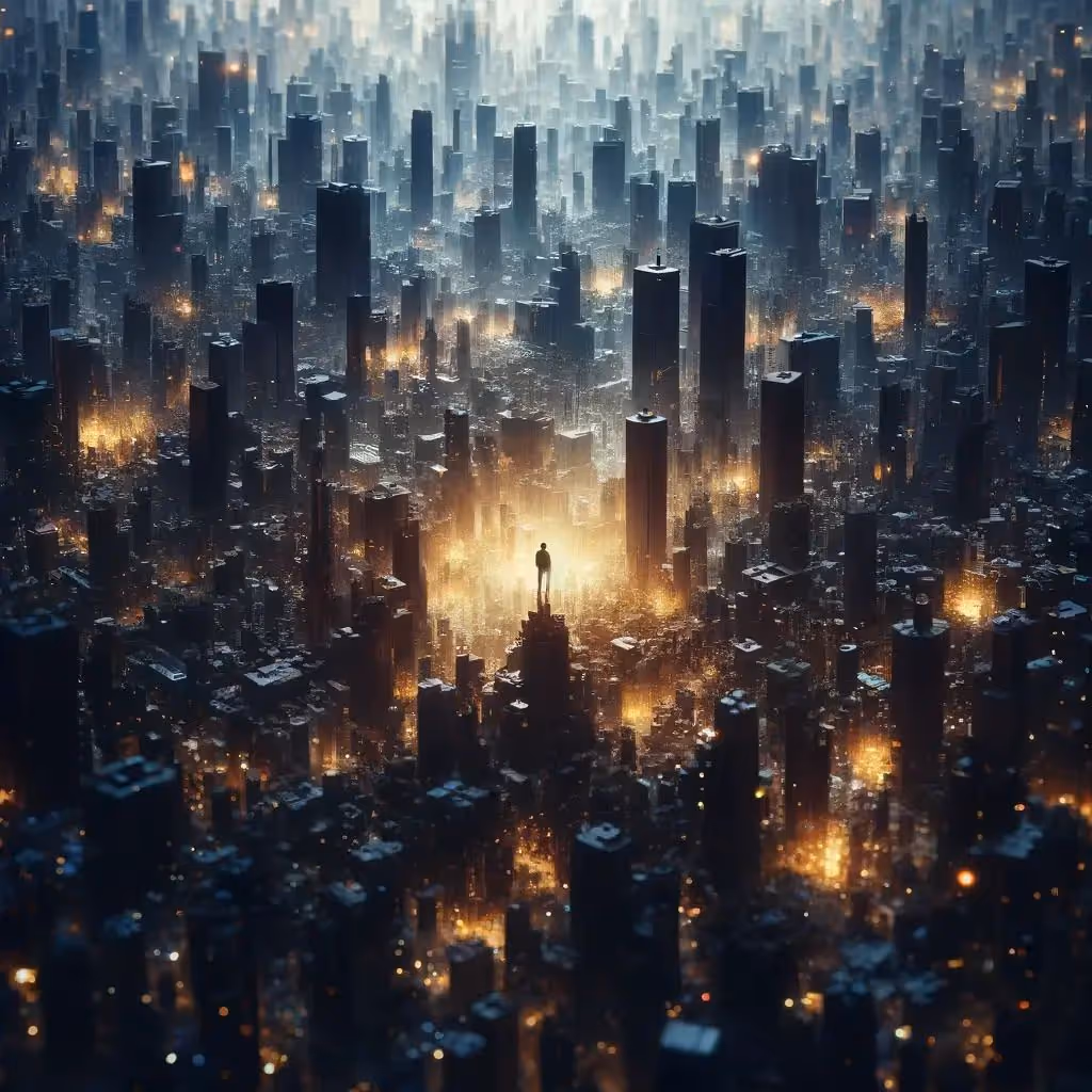 A digital composition that embodies the feeling of sonder. In the center, there is a silhouette of a person standing alone, feeling slightly overwhelmed yet captivated by the immense city around them. The city is depicted through large, dark buildings, bustling with life, highlighted by numerous yellow lights flickering in the windows, symbolizing the myriad of lives being lived simultaneously. The central figure, although a focal point, appears small and introspective against the sprawling urban landscape, suggesting a profound realization of the vastness of human experience beyond their own. This scene captures the essence of sonder, with the subject immersed in a moment of reflection on the sheer scale of life that surrounds them, yet remains distant and inconceivable. The mood is one of contemplation, with a hint of awe at the complexity and interconnectedness of lives within the urban environment.