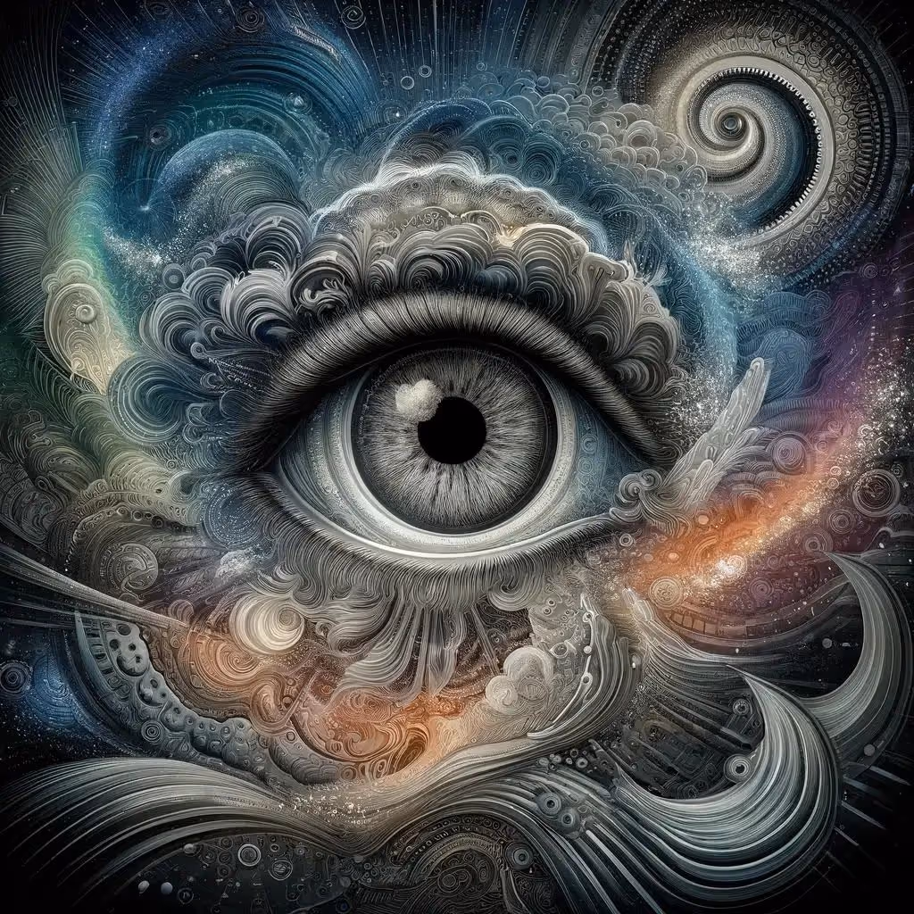 Create a highly detailed and abstract image inspired by a haiku about the theme of perception and reality. The central element is an eye, symbolizing the act of observing and questioning the nature of existence. The eye is set against a backdrop that evokes the vastness of the universe, blending psychedelic themes with abstract elements. The color scheme consists of several tones of greyscale, enriched with intricate patterns and textures that suggest a depth of layers and meanings. As the viewer looks longer, they discover more details within the image, reflecting the haiku's contemplation of illusion versus truth. The artwork is designed to be a visual representation of the haiku: 'In the vast expanse, Eyes wide, absorbing the void, Illusion or truth?' The goal is to capture the essence of questioning and the surreal experience of peering into the void, searching for answers.