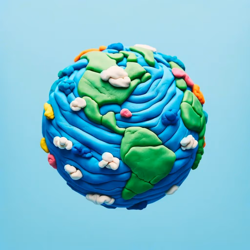 Create an image of a globe that appears to be made out of Play-Doh, featuring bright blues for the oceans, vibrant greens for the landmasses, and whites for the clouds. The texture should closely resemble that of Play-Doh, with a slightly soft and malleable appearance, emphasizing the playful and tactile nature of the material. The globe should be centered in the image, with a clear distinction between the colorful continents, blue oceans, and fluffy white clouds scattered across its surface, capturing a whimsical and child-friendly interpretation of Earth.