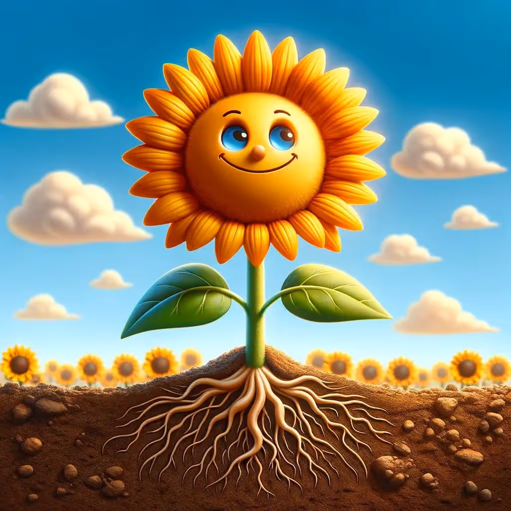 Design an image of a sunflower that strikes a balance between being personified and cartoonish, with a happy, yet slightly nuanced face, growing from the soil with its own strength. This sunflower should symbolize the nurturing of genuine self-esteem in a way that's accessible and appealing to both children and adults. The face on the sunflower should convey a sense of joy and resilience, but with more subtlety than a purely cartoonish depiction. Its roots in the fertile soil represent growth and a connection to the earth, amidst a backdrop that suggests a bright and optimistic environment.