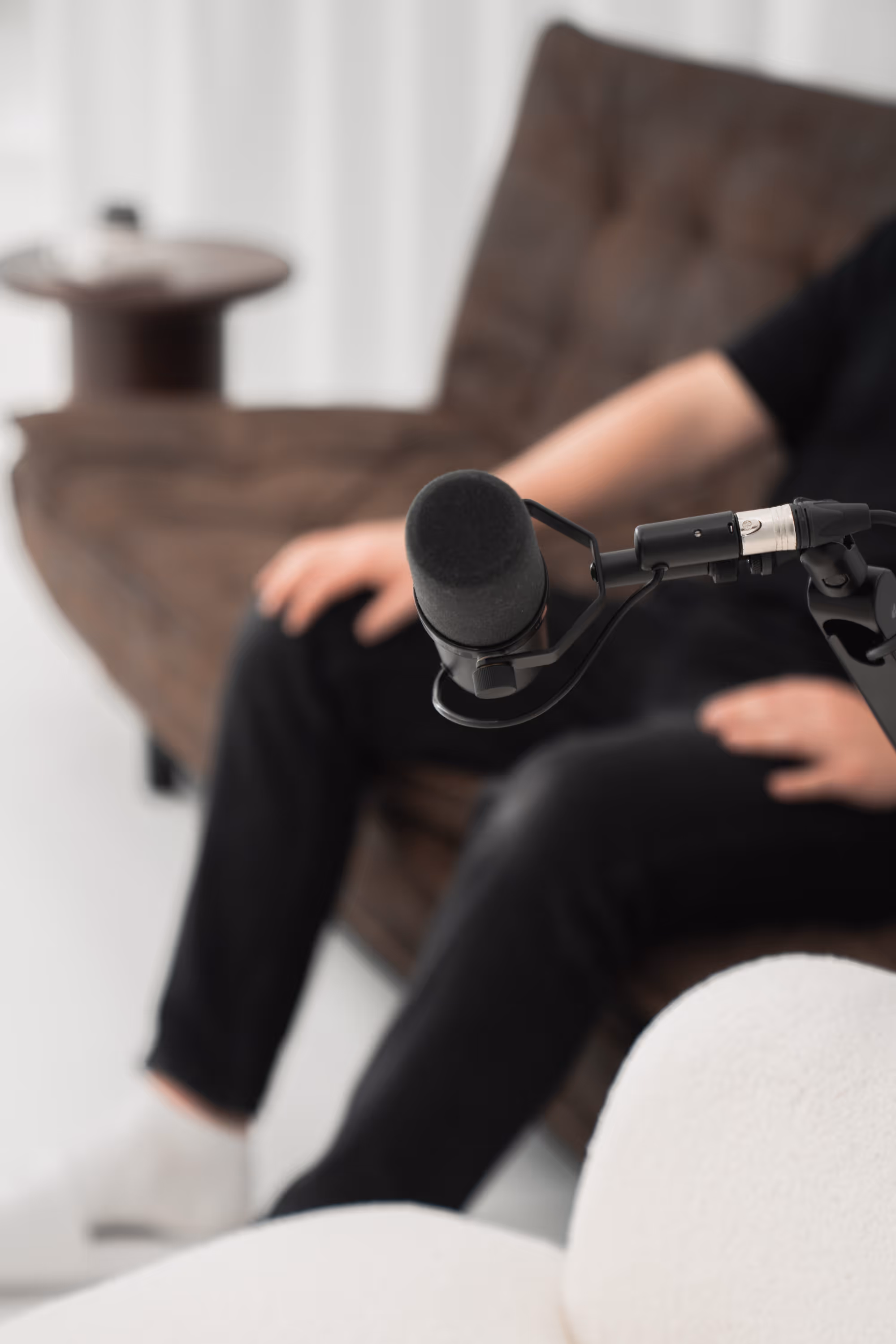Nahaufnahme eines Mikrofonkopfs vor einer sitzenden Person auf einem braunen Sofa in einem hellen Raum.