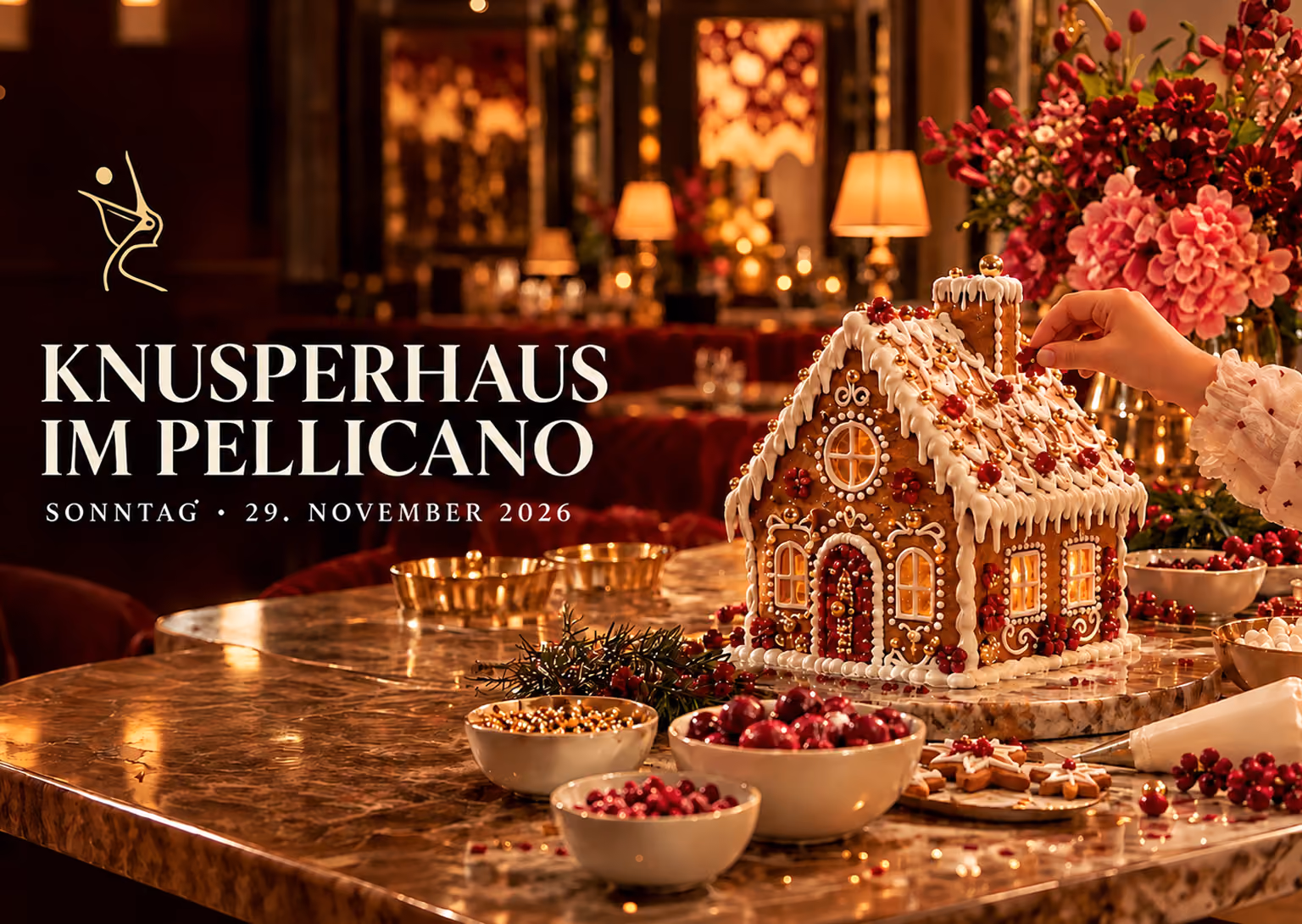 Flyer zum Knusperhaus-Event im Pellicano Hamburg am 29. November 2026 mit einem festlich dekorierten Lebkuchenhaus.