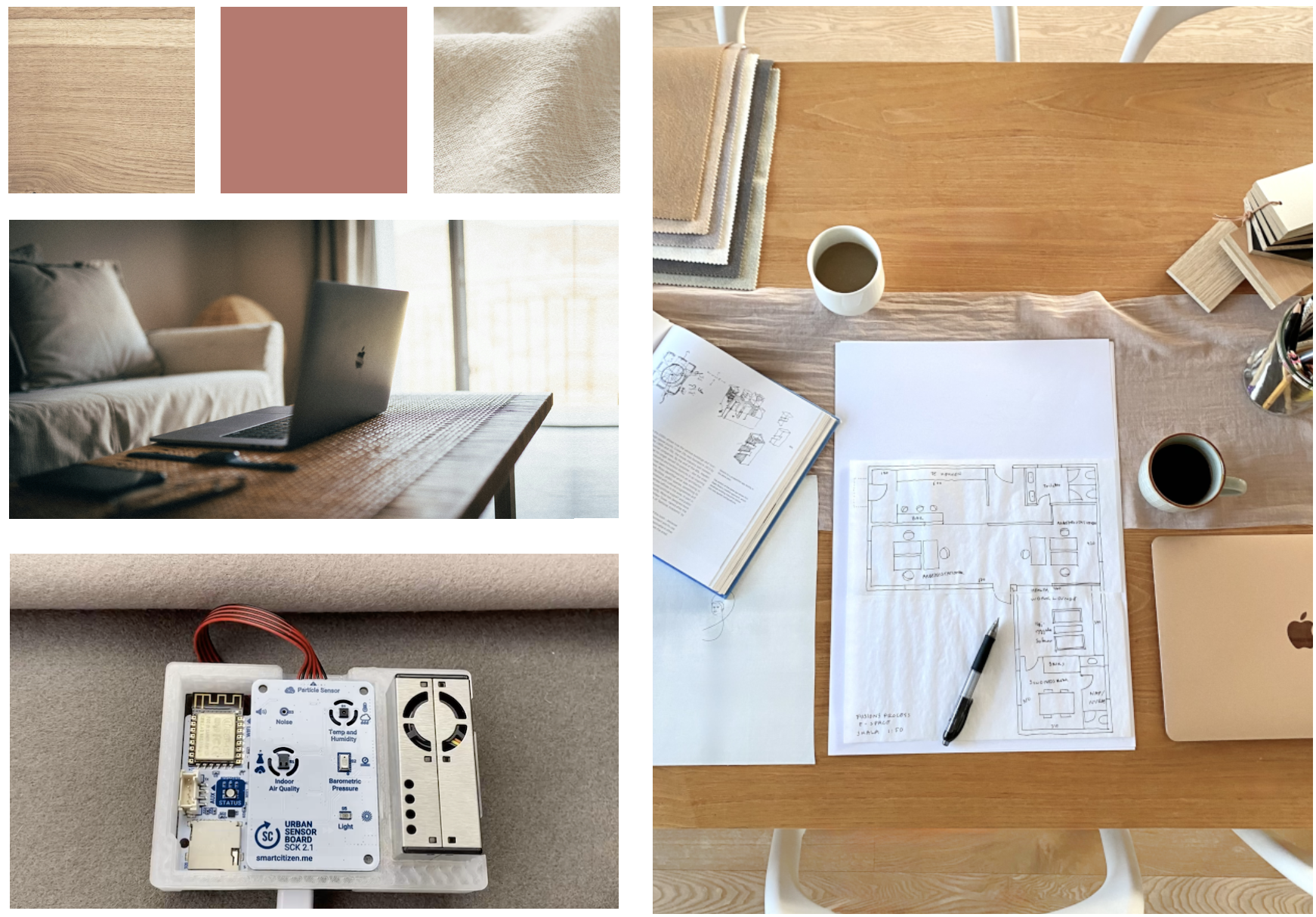 Kollage med farveprøver, sofa gruppe og arbejdsbord