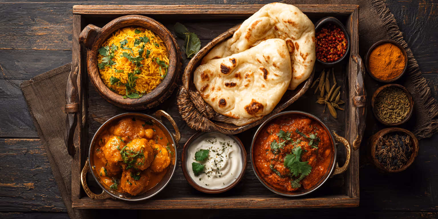 Overhead view of traditional Indian cuisine served on rustic wooden tray with yellow rice, butter chicken, naan bread, malai kofta, raita, and aromatic spices in decorative bowls