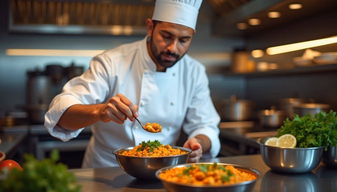 Culinary expert preparing fresh meals in a commercial kitchen setting for corporate catering solutions.
