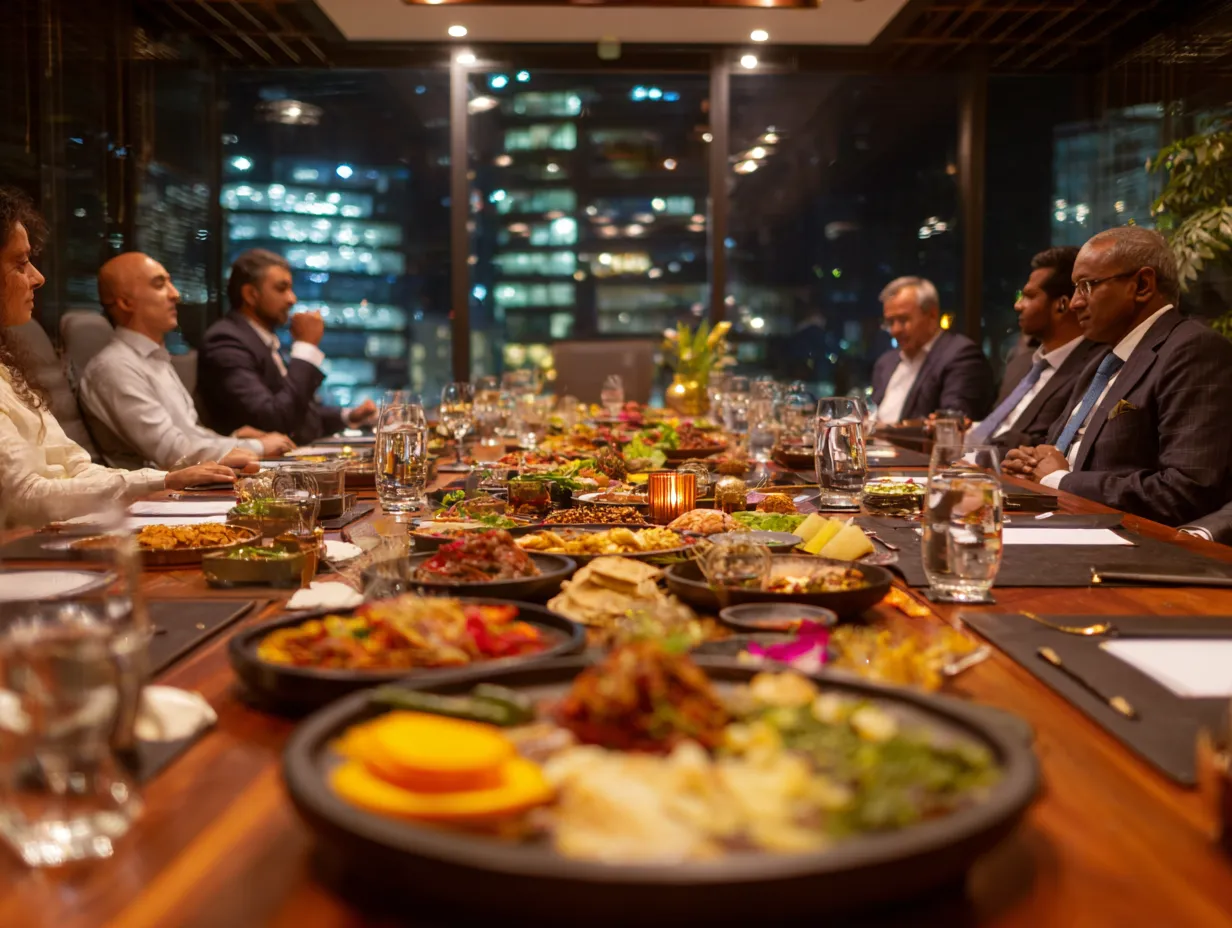 Business professionals enjoying corporate catering and food services in a meeting or office setting.