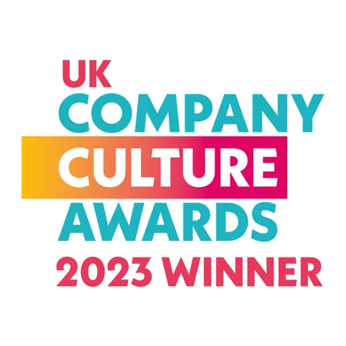 Logo for the UK Company Culture Awards 2023 Winner, featuring bold, colorful typography.
