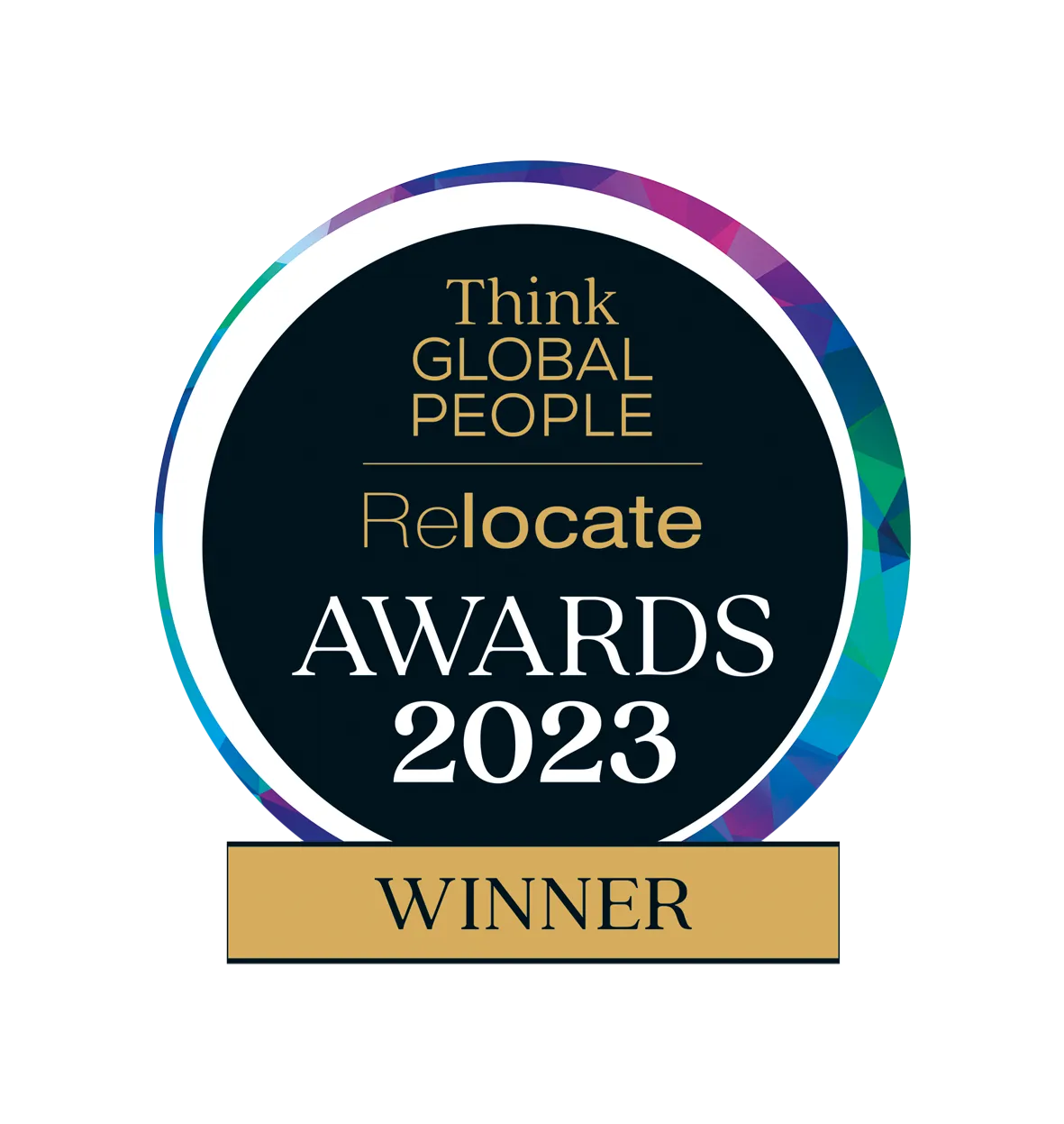Think Global People Relocate Awards 2023 Winner badge with a colorful geometric border.