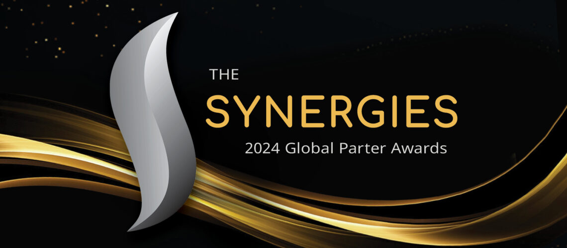 The Synergies 2024 Global Partner Awards logo features sleek silver and gold accents on a dark background.