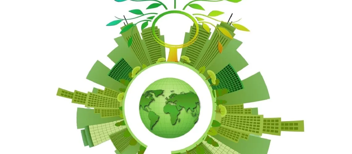 A green globe surrounded by eco-friendly buildings, plants, and renewable energy symbols.