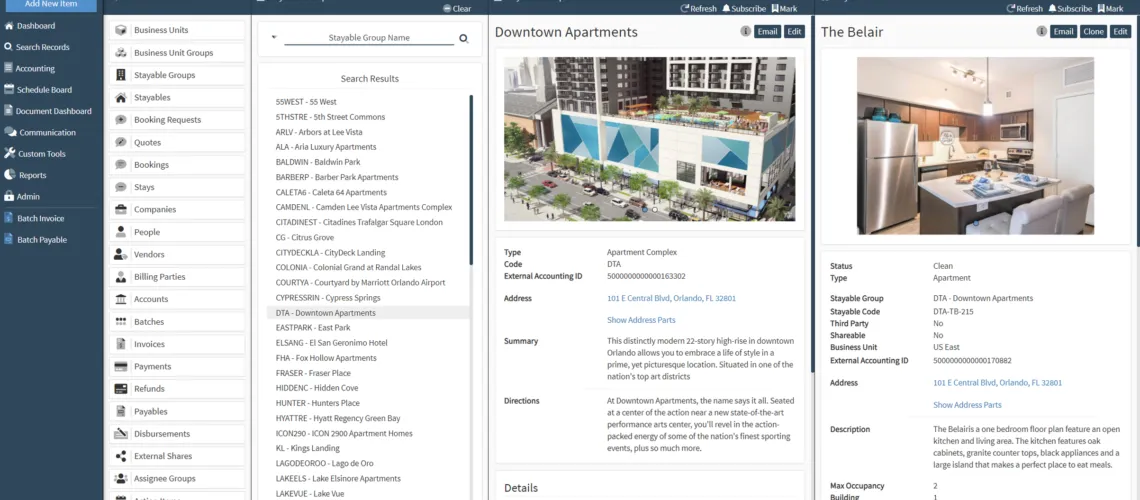 Dashboard interface displaying apartment details and management tools for Downtown Apartments.