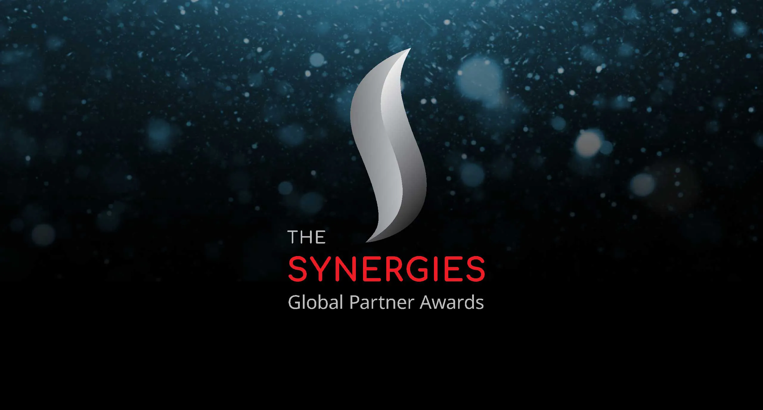 Logo for "The Synergies Global Partner Awards" with a sleek silver design on a dark, sparkling background.