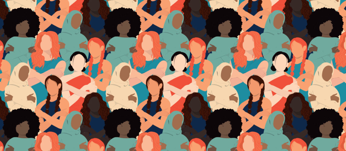 A diverse group of faceless women with varied hairstyles and clothing, symbolizing unity and inclusion.