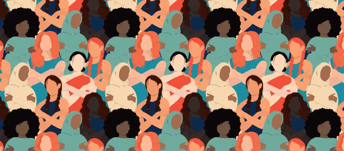 A diverse group of faceless women with varied hairstyles and clothing, symbolizing unity and inclusion.