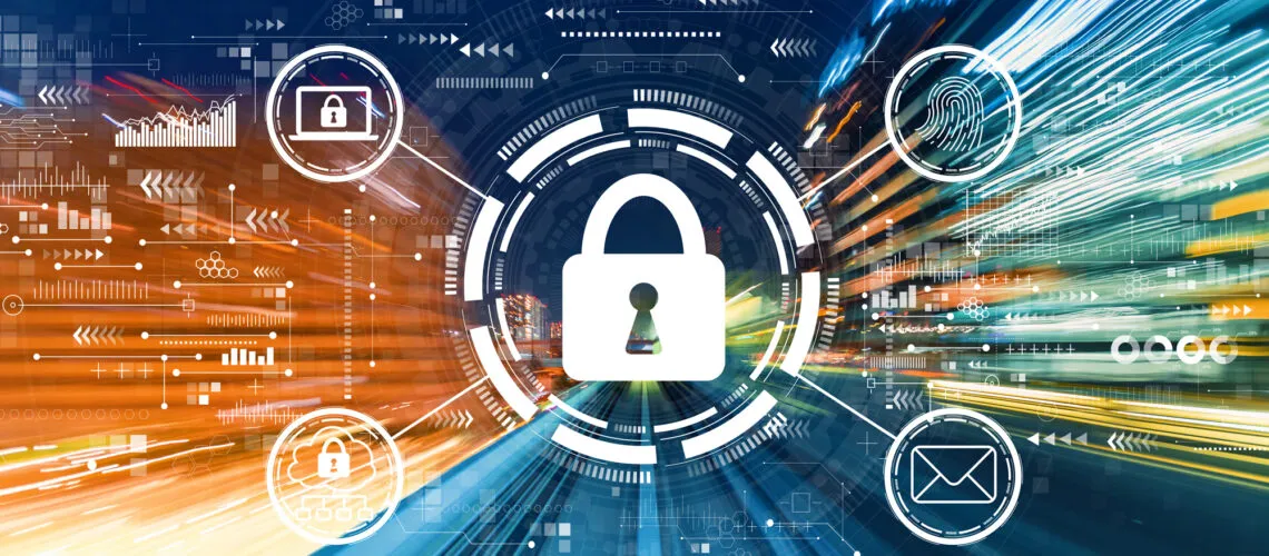 A digital lock icon symbolizes cybersecurity amidst dynamic data and technology visuals.