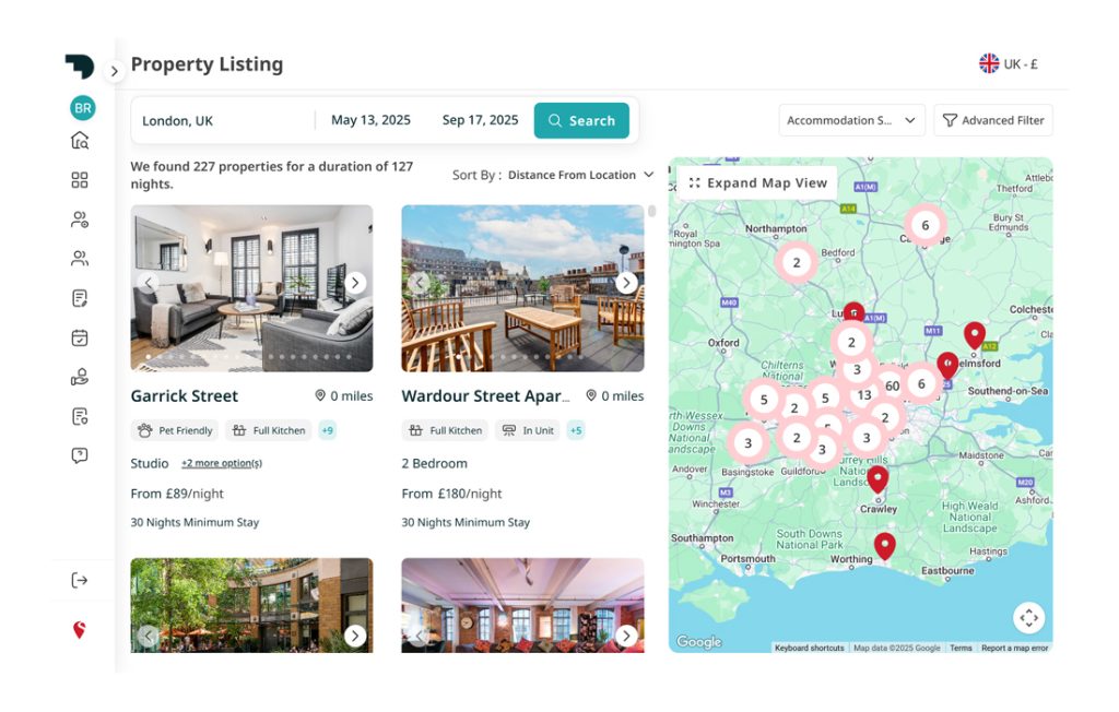 Property listing interface displaying rental options, a map view, and search filters for London, UK.