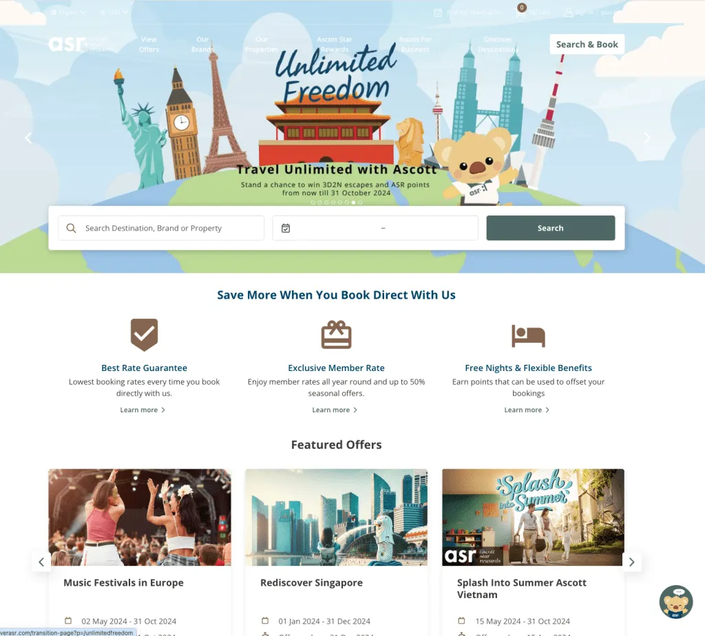 Ascott's website homepage showcasing travel offers, rewards, and a search bar for bookings.