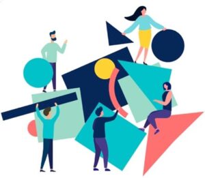 People interacting with colorful geometric shapes in a collaborative and dynamic setting.