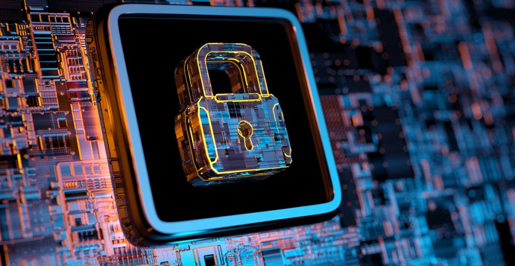 A digital padlock symbolizing cybersecurity, set against a circuit board background.