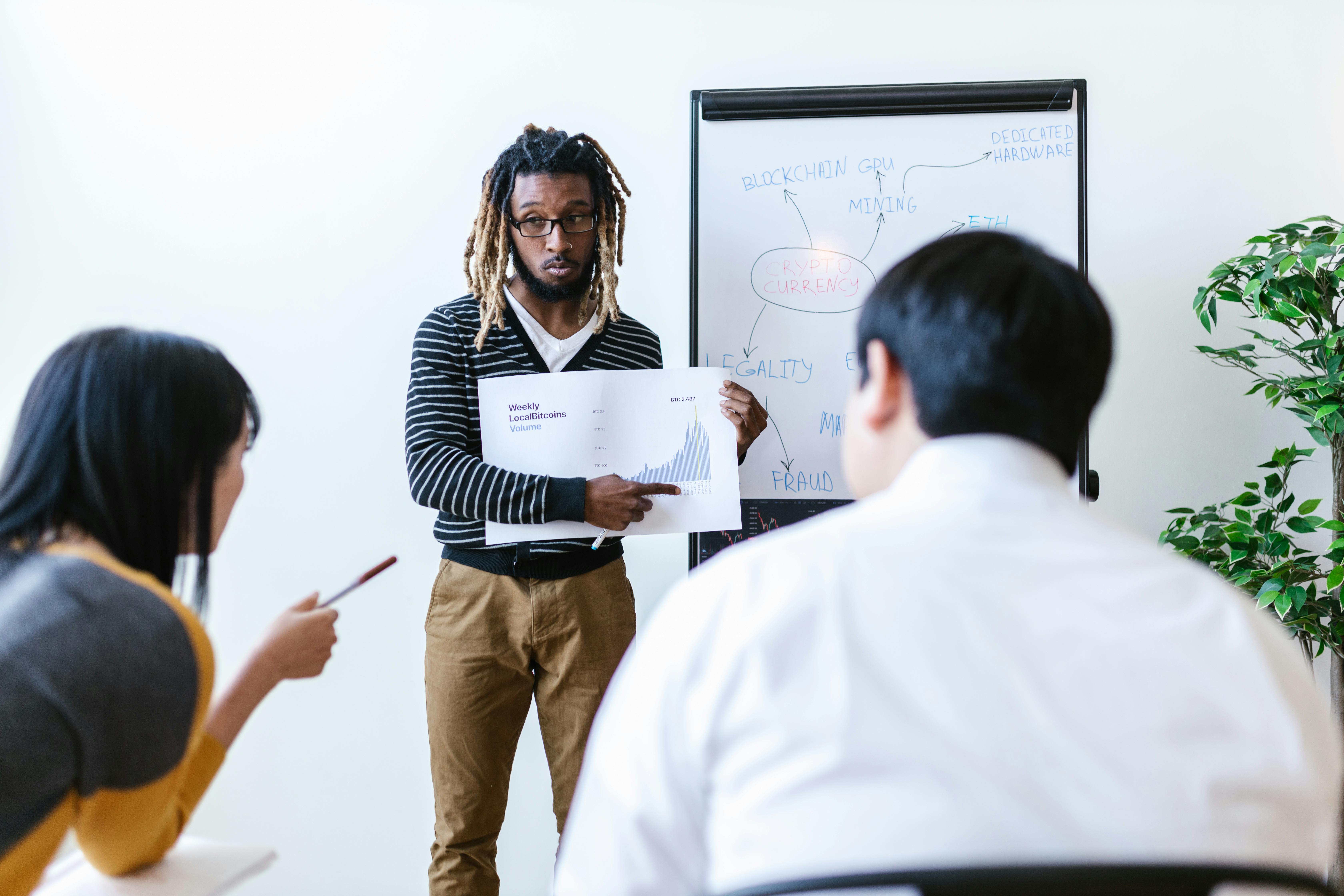A presenter discusses cryptocurrency trends using a chart and whiteboard in a professional setting.
