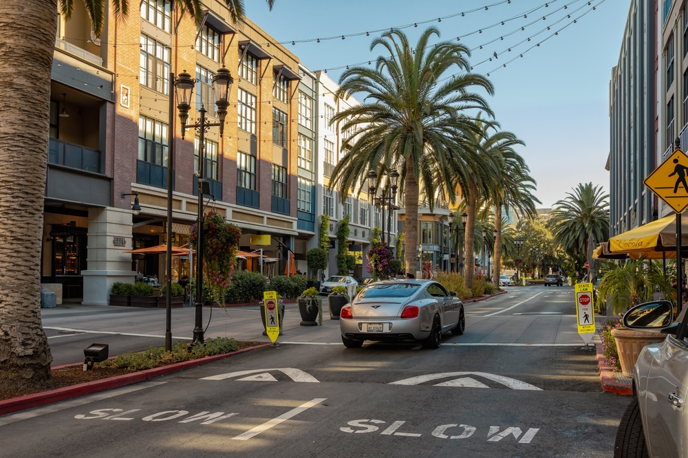 A vibrant urban street with palm trees, luxury cars, shops, and pedestrian safety signs.