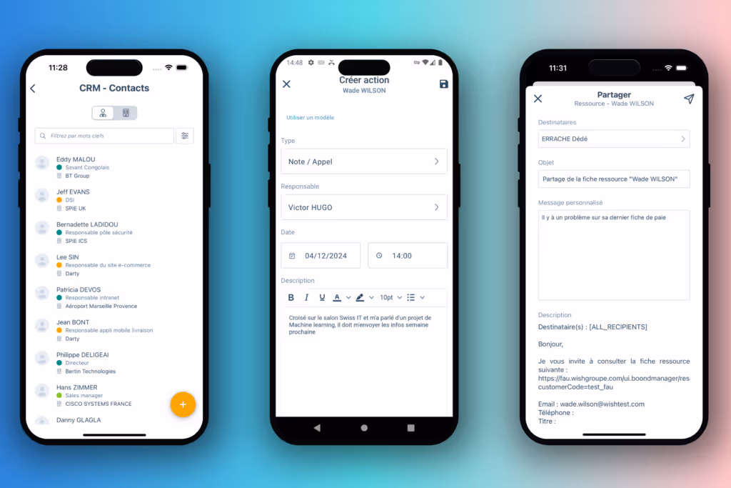 Application BoondManager pour consulter sa base CRM, candidats et ressources, saisir ses actions et partager ses fiches. 