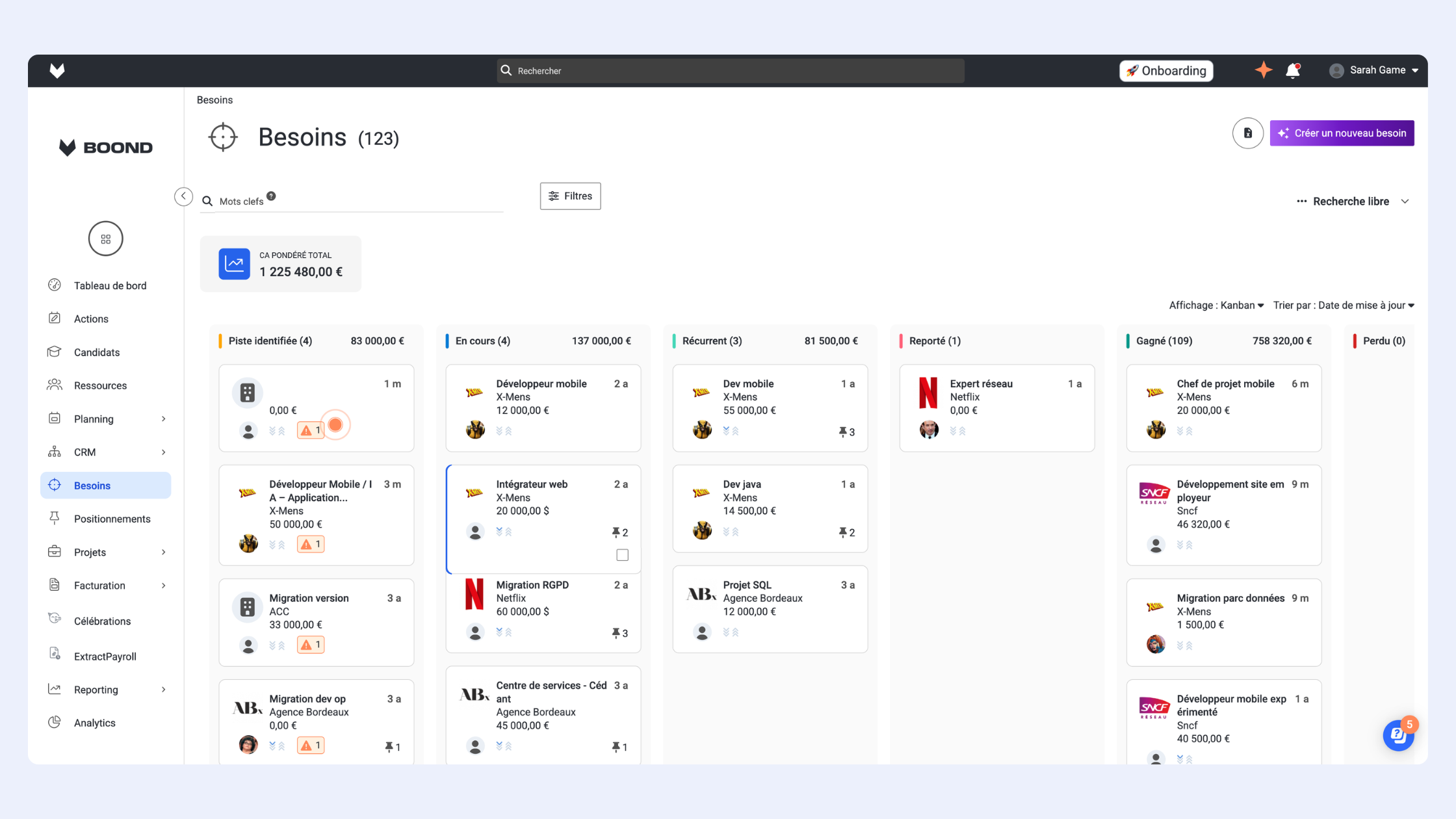 Vue Kanban sur boond