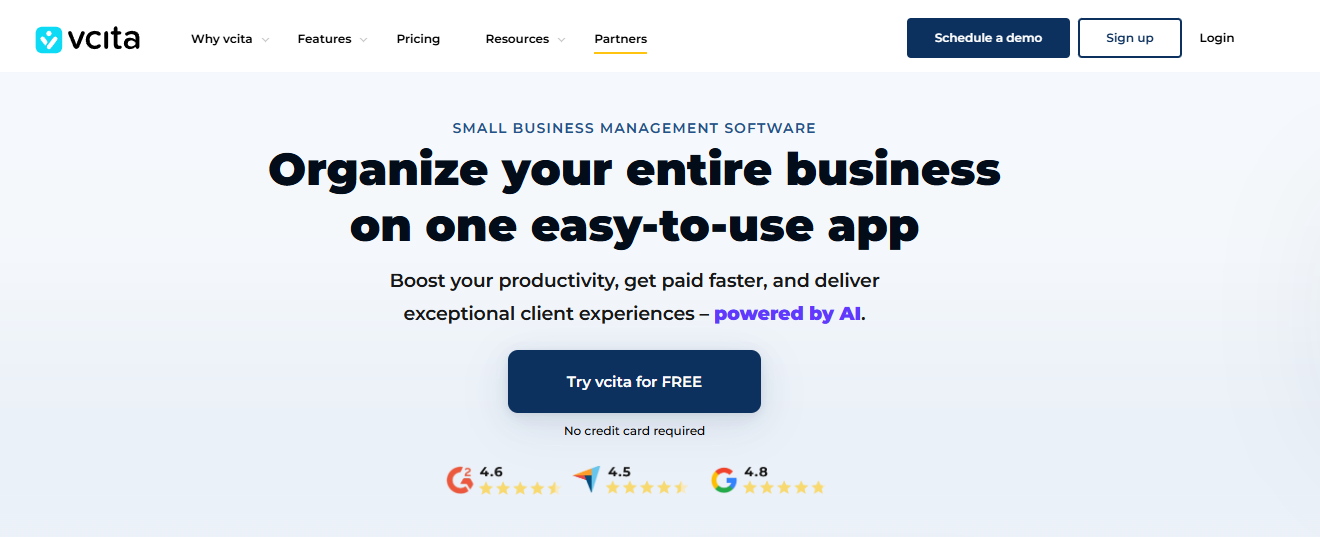 vCita homepage with headline about organizing a business in one app; includes a free trial button.