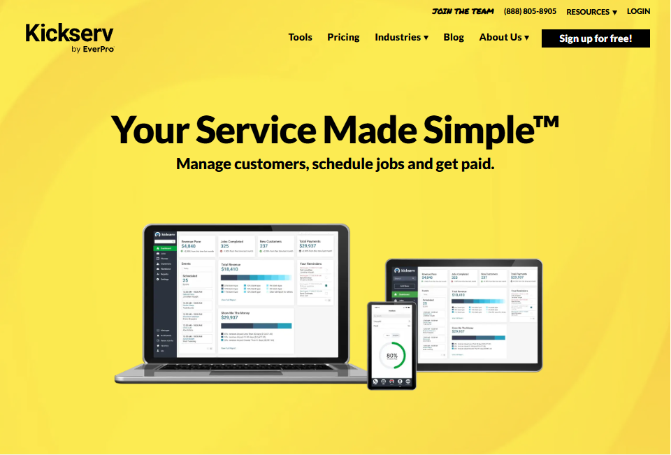 Kickserv homepage with headline about managing customers, scheduling jobs, and getting paid, plus app previews.