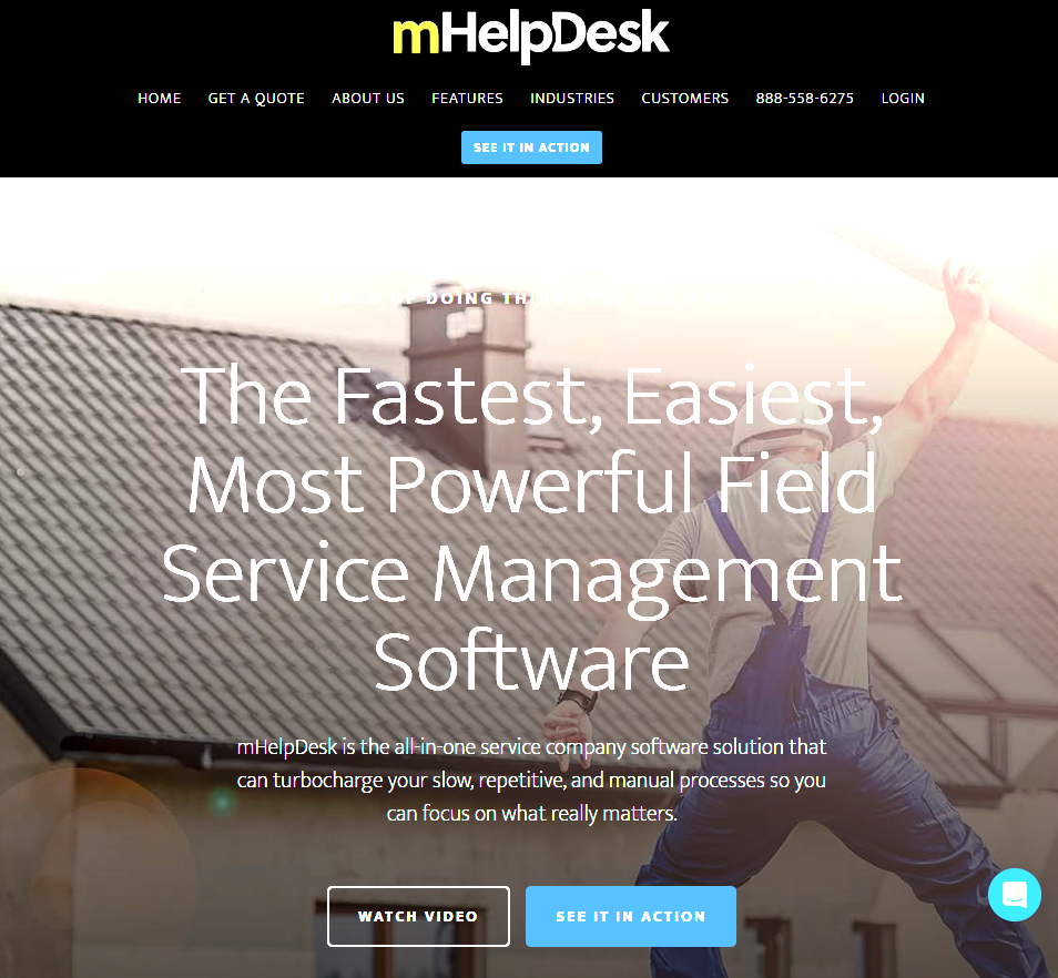 mHelpDesk homepage with large field service software headline over background image of a contractor on a roof.