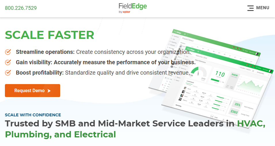FieldEdge homepage with headline about scaling faster and dashboard preview for HVAC, plumbing, and electrical teams.