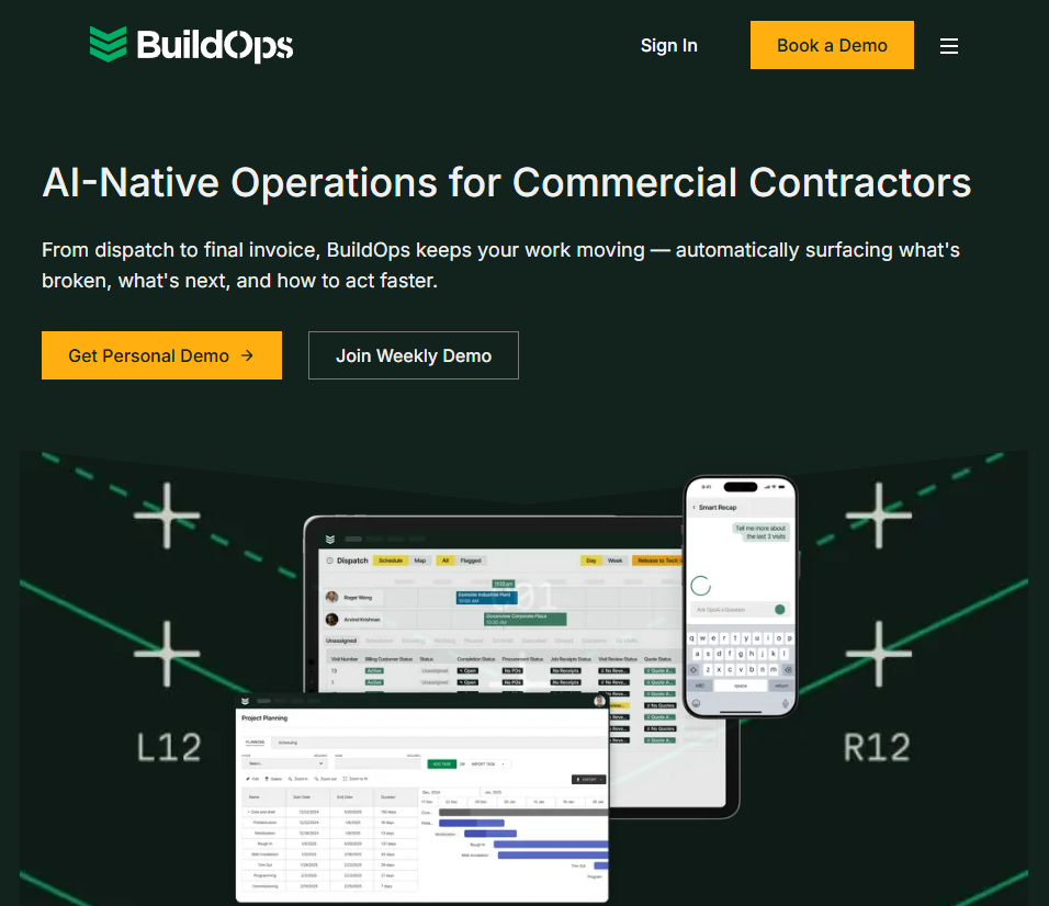 BuildOps homepage with headline about AI-native operations for commercial contractors and product interface preview.