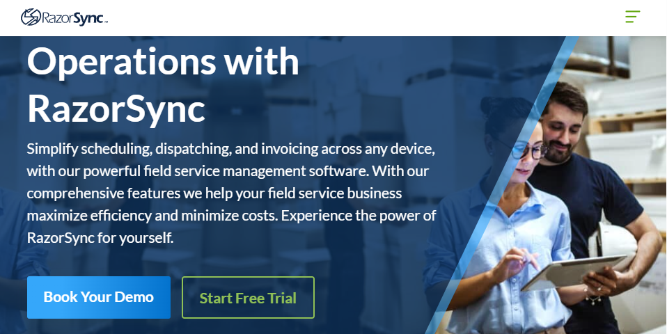 RazorSync homepage with scheduling, dispatching, and invoicing headline and demo/free trial buttons.
