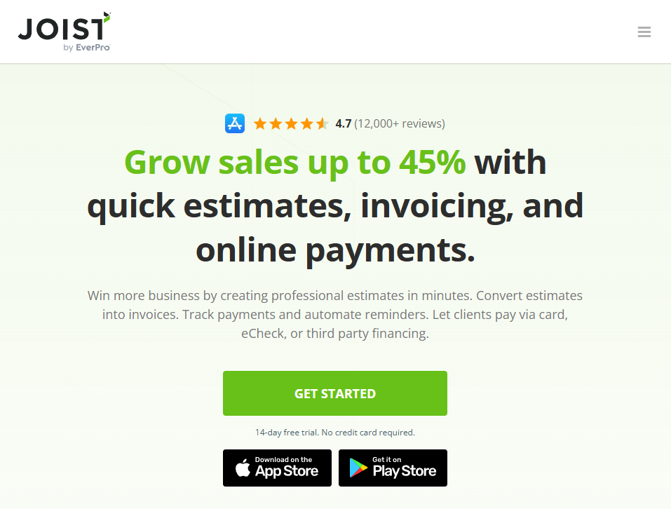 Joist homepage with headline about quick estimates, invoicing, and online payments; includes app store badges.