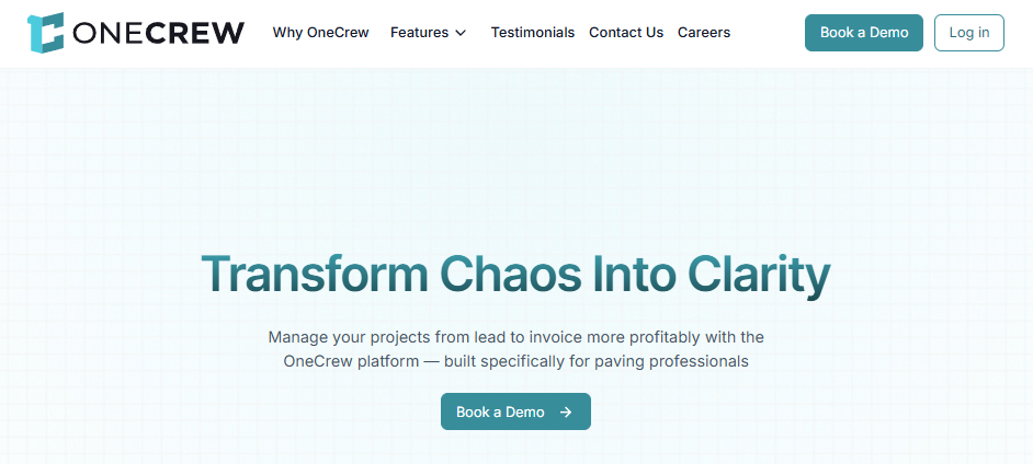 OneCrew homepage showing paving-focused project management platform with lead-to-invoice workflow and demo button.