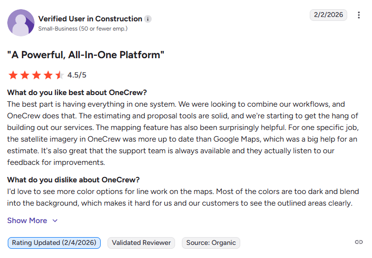 OneCrew review highlighting all-in-one workflow, estimating tools, and mapping features with 4.5-star rating from a small construction business.